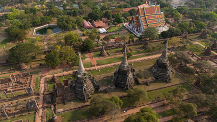Aerial of Ayutthaya historical park located in Ayutthaya province , Thailand. Ayutthaya Historical Park is a historic site that has been registered as a World Heritage Site from Unesco