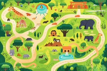 Flat and Cartoon Zoo Map for Children. Colorful Animal Illustrations with Trees and Landscape.