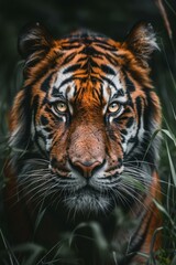 Naklejka premium A fierce tiger stares down its prey in the jungle