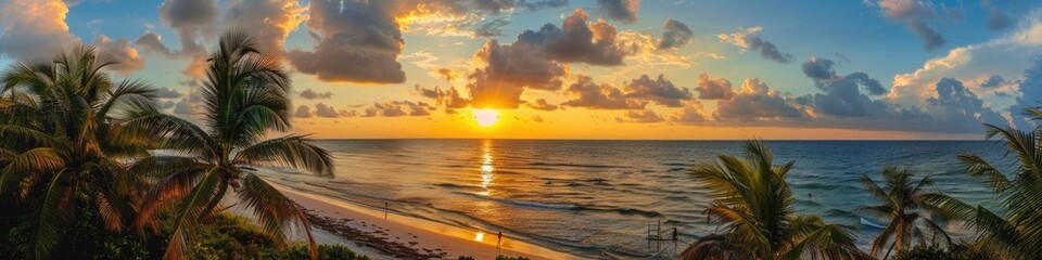 Obraz premium Heavenly Sunrise in Holbox: A Serene Beach Landscape with Breathtaking Sunset Views and Ocean Waves