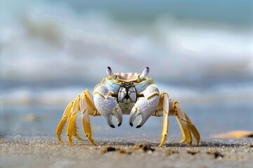 Ghost Crab on African Coastal Beach. Alert Ocypode Ryderi with Claws at Coast - Crustacean Animal
