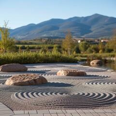 Japanese Zen garden with raked sand and stones