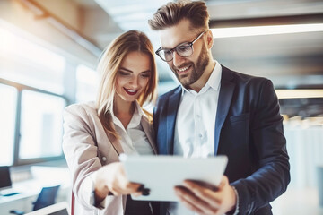 Obraz premium Young smiling man and woman in the office looking at the tablet with interest