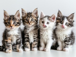 kittens, cats sitting on a table on white background