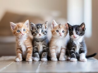 kittens, cats sitting on a table on white background