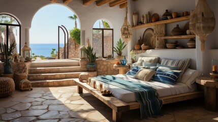 Fototapeta premium Rustic Mexican Bedroom With a View of the Ocean