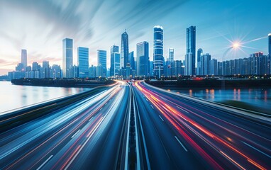 Fototapeta premium Night view of urban expressway with light trails