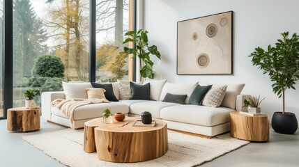 Modern living room interior with large windows, white sofa, and wood coffee table