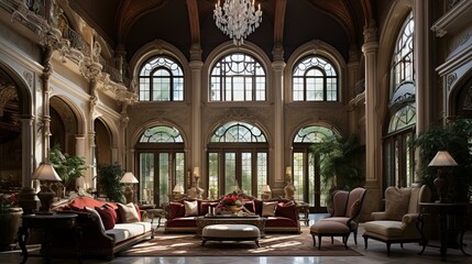 Obraz premium Ornate living room with red velvet sofas and crystal chandelier