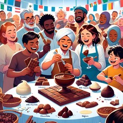 Group of people eating chocolate in cafe. Vector cartoon illustration of a group of people eating chocolate.