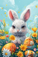 A cute white bunny sits in a field of flowers and Easter eggs