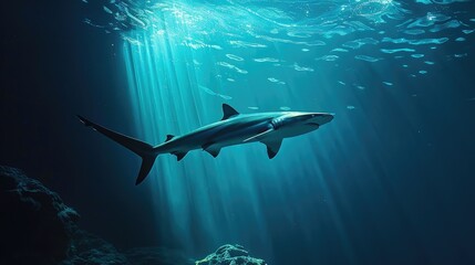 Obraz premium Deep-Sea Encounter: Thresher Shark Swimming in the Tropical Ocean - Underwater View