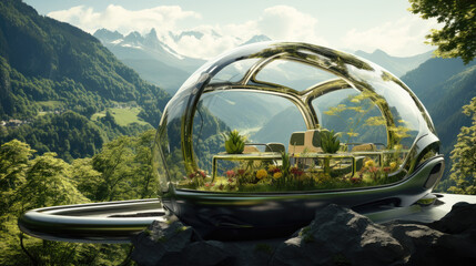 Biofuel-powered vehicle depicted in a picturesque setting,