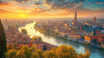 Naklejka premium Verona cityscape with river Adige at sunset, Veneto, Italy