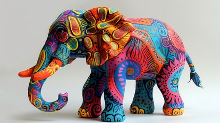 Obraz premium Craft a clay sculpture of an elephant in a unique tilted angle view, incorporating intricate tie-dye designs to add a vibrant and contemporary touch to the traditional medium