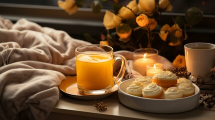 A cozy still life with a cup of orange juice, some cupcakes, and candles