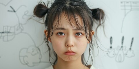 A young Asian girl with brown hair in pigtails making a pouty face