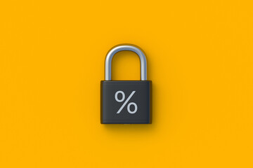 Blocking dividend payments. Fixed interest rate. Economy concept. Locked profit. Income protection. Fines and sanctions. Frozen financial assets. Padlock with percent symbol. 3d render