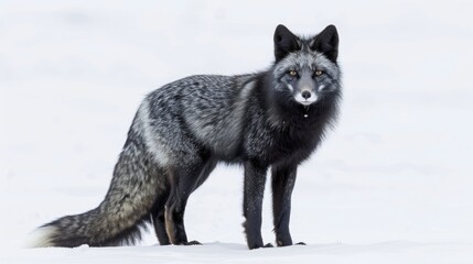 Obraz premium Beautiful Silver Fox in Candid Close-Up. Melanistic Red Fox with Captivating Gaze Standing in Snow