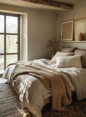 Simple and elegant bedroom with neutral colors and natural materials