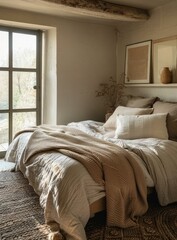 Simple and elegant bedroom with neutral colors and natural materials