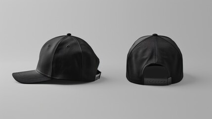 Black Snapback Cap Mockup on Grey Background. Perfect for Branding, Advertising, and Apparel Display