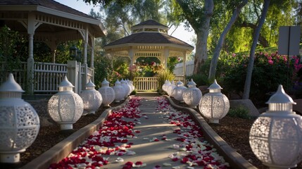 A magical garden pathway lined with white lanterns and rose petals leading to a quaint gazebo...