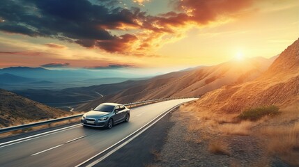 Car driving on an asphalt road through a mountain pass at sunset