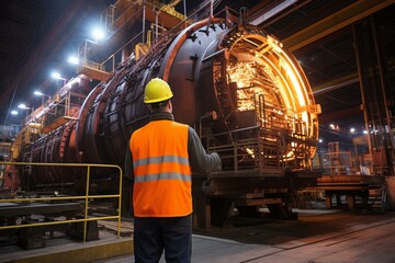 Steelworker in front of a large furnace