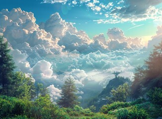 Obraz premium Fantasy landscape with fluffy clouds and green hills
