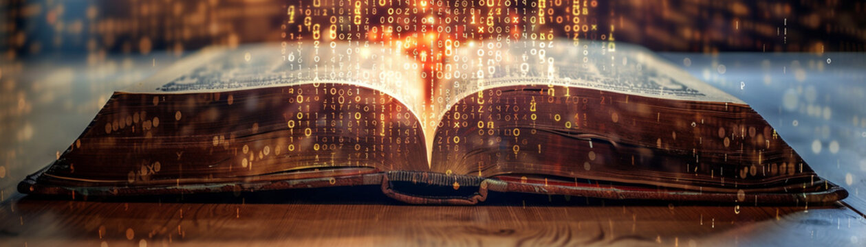 Close-up of a book with its text visually transforming into encrypted symbols, emphasizing the concept of information security, isolated on a solid brown background,
