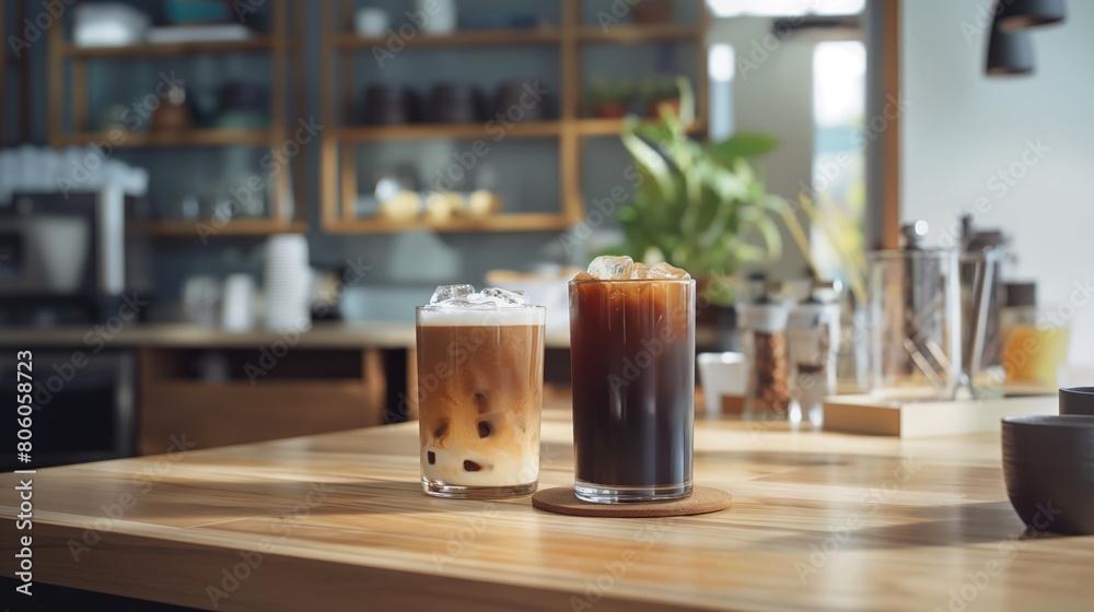 Wall mural A modern take on traditional iced coffee, using cold drip brewers, displayed in a high-end coffee shop with minimalist decor.