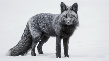 Beautiful Melanistic Silver Fox Standing in Snow - Candid Closeup Animal Shot isolated on White