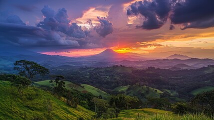 Beautiful Sunset Angle of Volcano Arenal with Colourful Landscape
