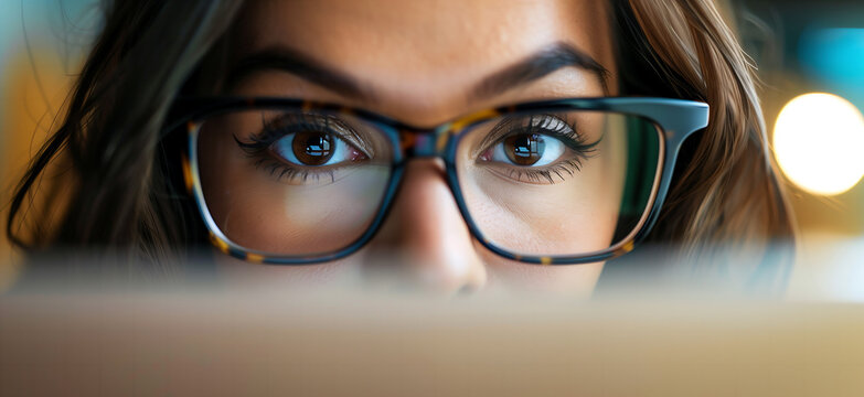 Close up eyes detail of woman wearing glasses working on project, strategy business plan, concentration.