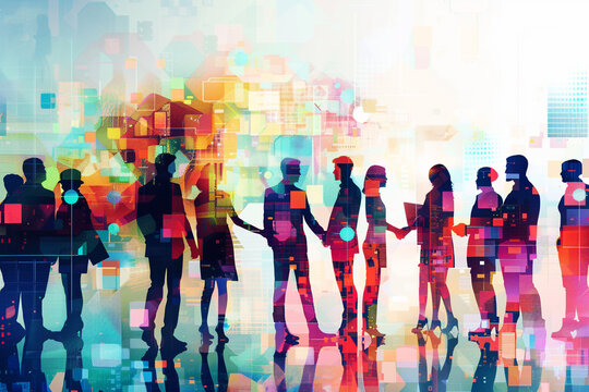 A dynamic visual of a team of individuals from different departments within a company, working together to build relationships with clients and explore new market opportunities.