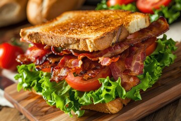 Classic BLT Sandwich with Crispy Bacon, Fresh Lettuce and Juicy Tomatoes on Toasted Bread 