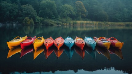 A neatly arranged lineup of sleek racing kayaks by a lakeside, each reflecting the early morning light.