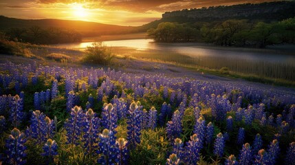 Beautiful Bluebonnet Field in Sunset at Muleshoe Bend. Colorful Blossoms of Bluebonnet with