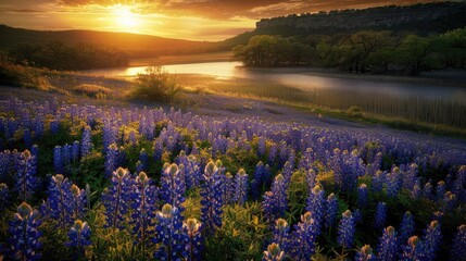 Obraz premium Beautiful Bluebonnet Field in Sunset at Muleshoe Bend. Colorful Blossoms of Bluebonnet with