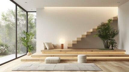 A modern living room with a raised platform and a staircase