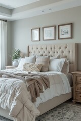 A cozy and inviting master bedroom with a neutral color palette