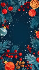 Obraz premium Christmas background with blue pine branches and red berries