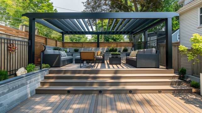 A neatly staged outdoor deck renovation with fresh staining and modern outdoor furniture under a newly installed pergola.