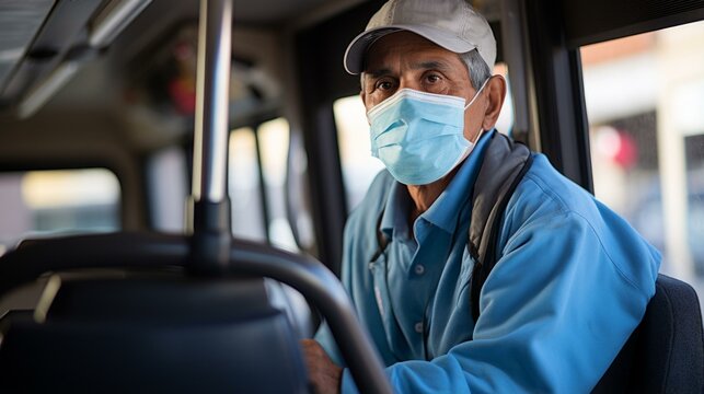 Hispanic man wearing a mask on a bus - Powered by Adobe