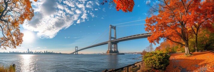 Autumnal Bridge: A Stunning Landmark of Fortification and Suspension - obrazy, fototapety, plakaty