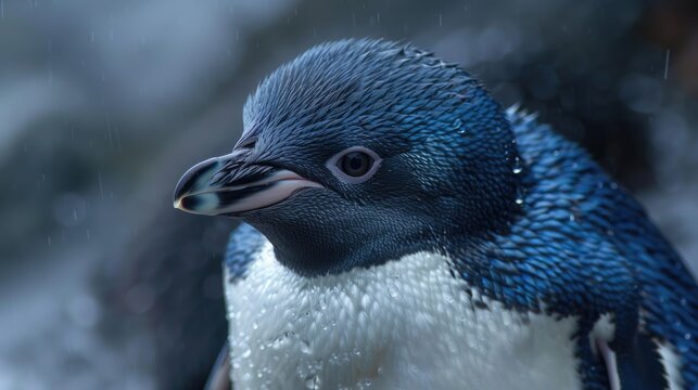 Australian Fairy Penguin in Closeup. Flightless Bird with Black, White, and Blue Feathers