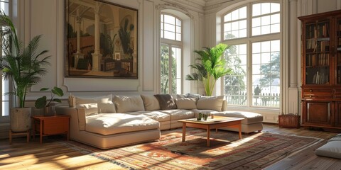 Fototapeta premium Luxurious living room interior with large windows, plants, and a comfortable sofa