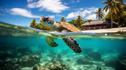 Half underwater shot of a sea turtle swimming near a tropical beach - Powered by Adobe
