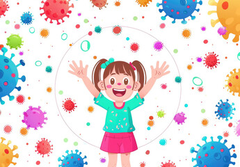 Cute girl surrounded by bacteria, happy expression, vector illustration style with flat colors and simple shapes on white background.